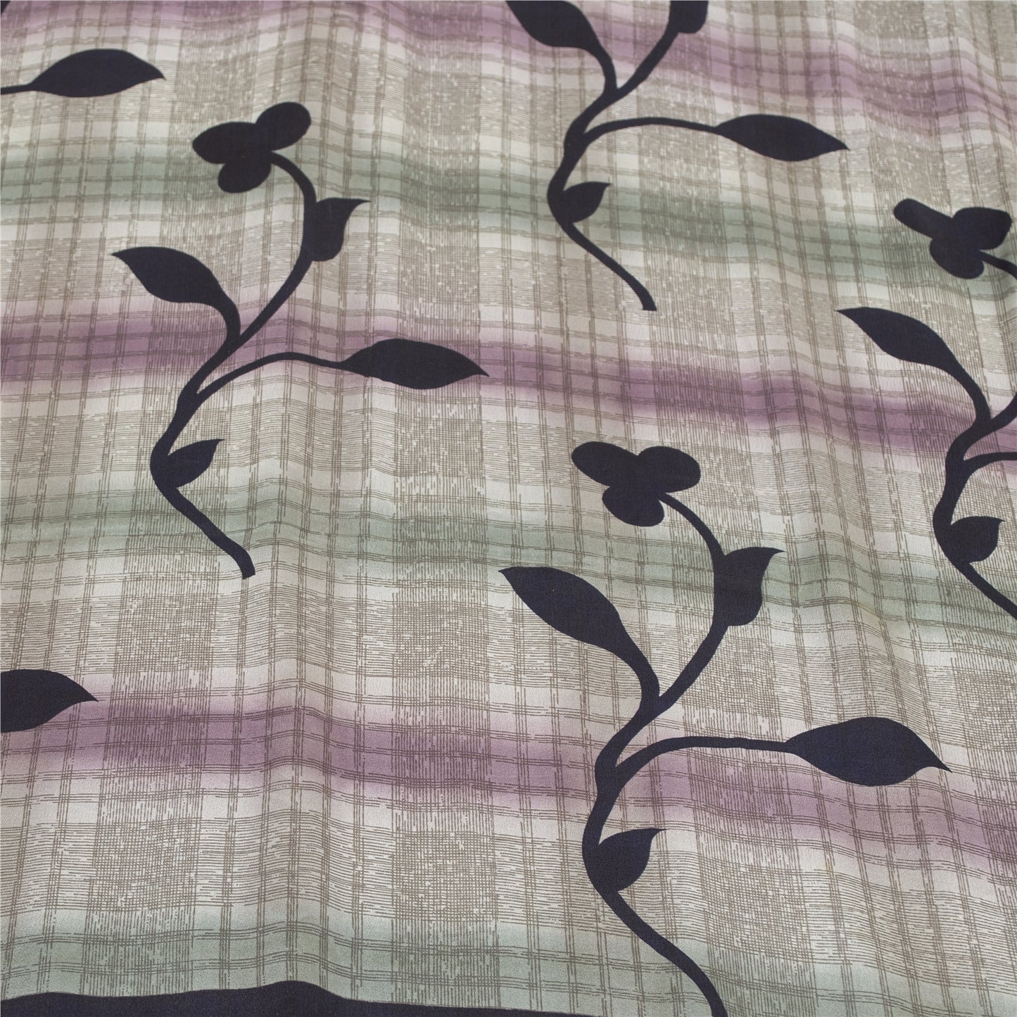 Sanskriti Vintage Sarees Blue Pure Crepe Lines & Floral Printed Sari 5+yd Fabric