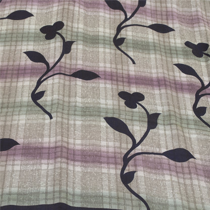 Sanskriti Vintage Sarees Blue Pure Crepe Lines & Floral Printed Sari 5+yd Fabric