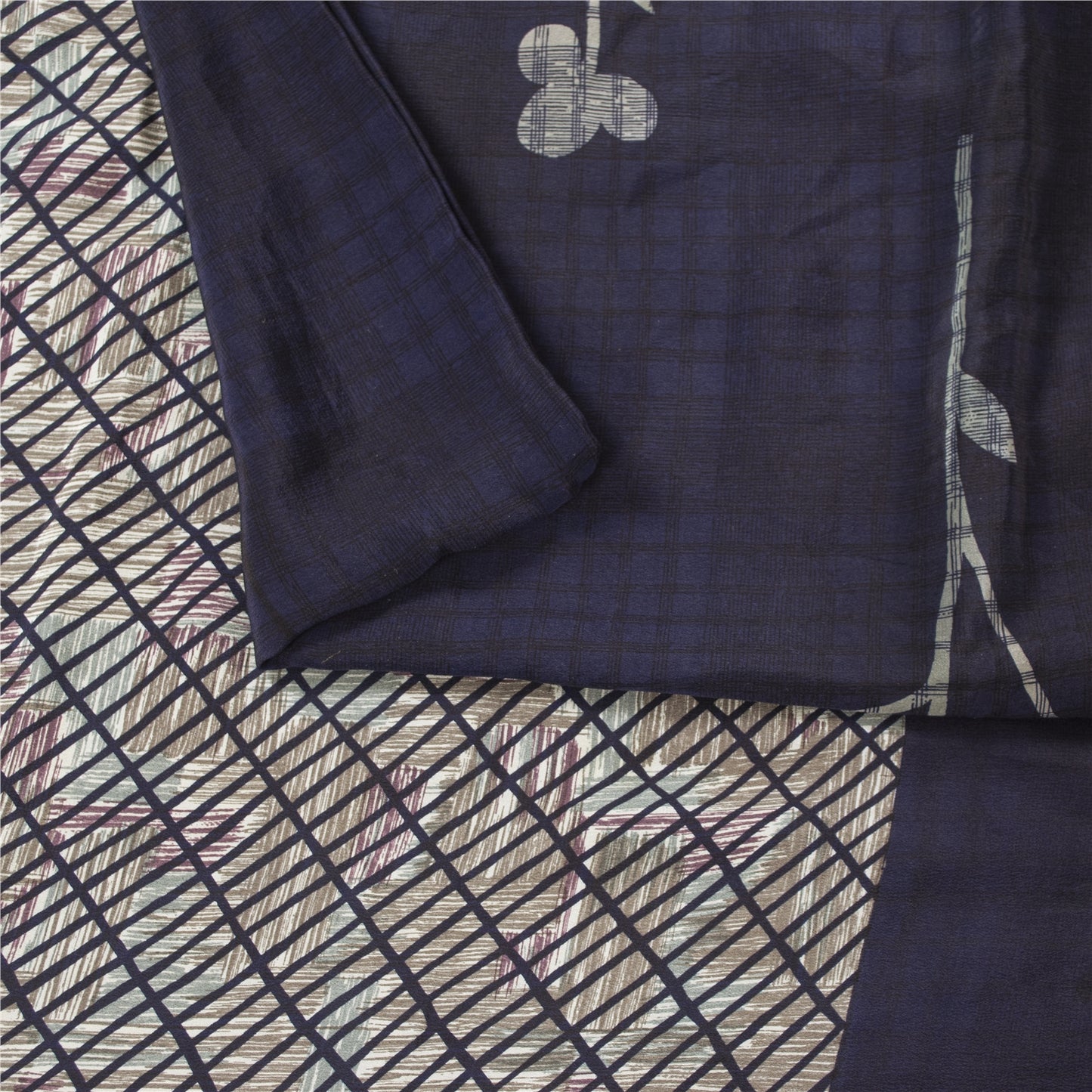 Sanskriti Vintage Sarees Blue Pure Crepe Lines & Floral Printed Sari 5+yd Fabric