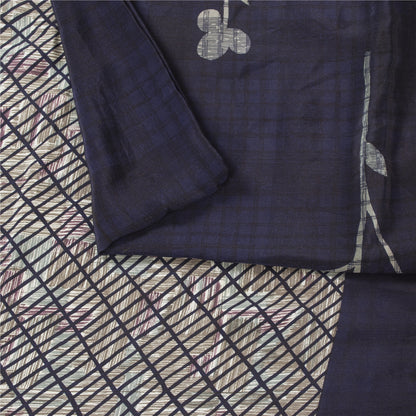 Sanskriti Vintage Sarees Blue Pure Crepe Lines & Floral Printed Sari 5+yd Fabric