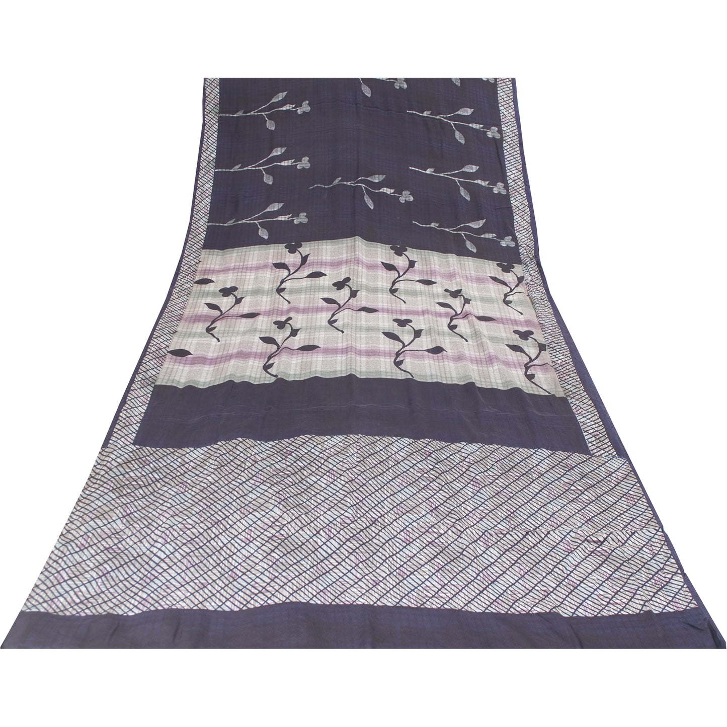 Sanskriti Vintage Sarees Blue Pure Crepe Lines & Floral Printed Sari 5+yd Fabric