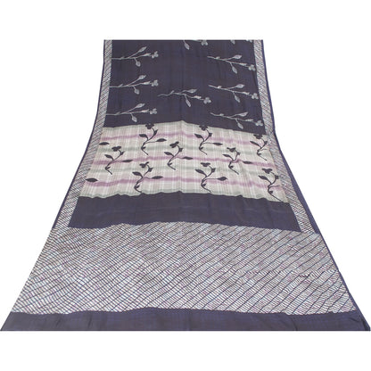 Sanskriti Vintage Sarees Blue Pure Crepe Lines & Floral Printed Sari 5+yd Fabric