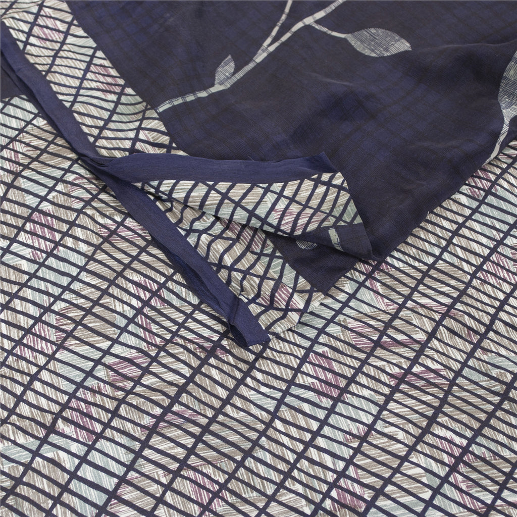 Sanskriti Vintage Sarees Blue Pure Crepe Lines & Floral Printed Sari 5+yd Fabric