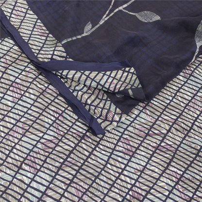 Sanskriti Vintage Sarees Blue Pure Crepe Lines & Floral Printed Sari 5+yd Fabric