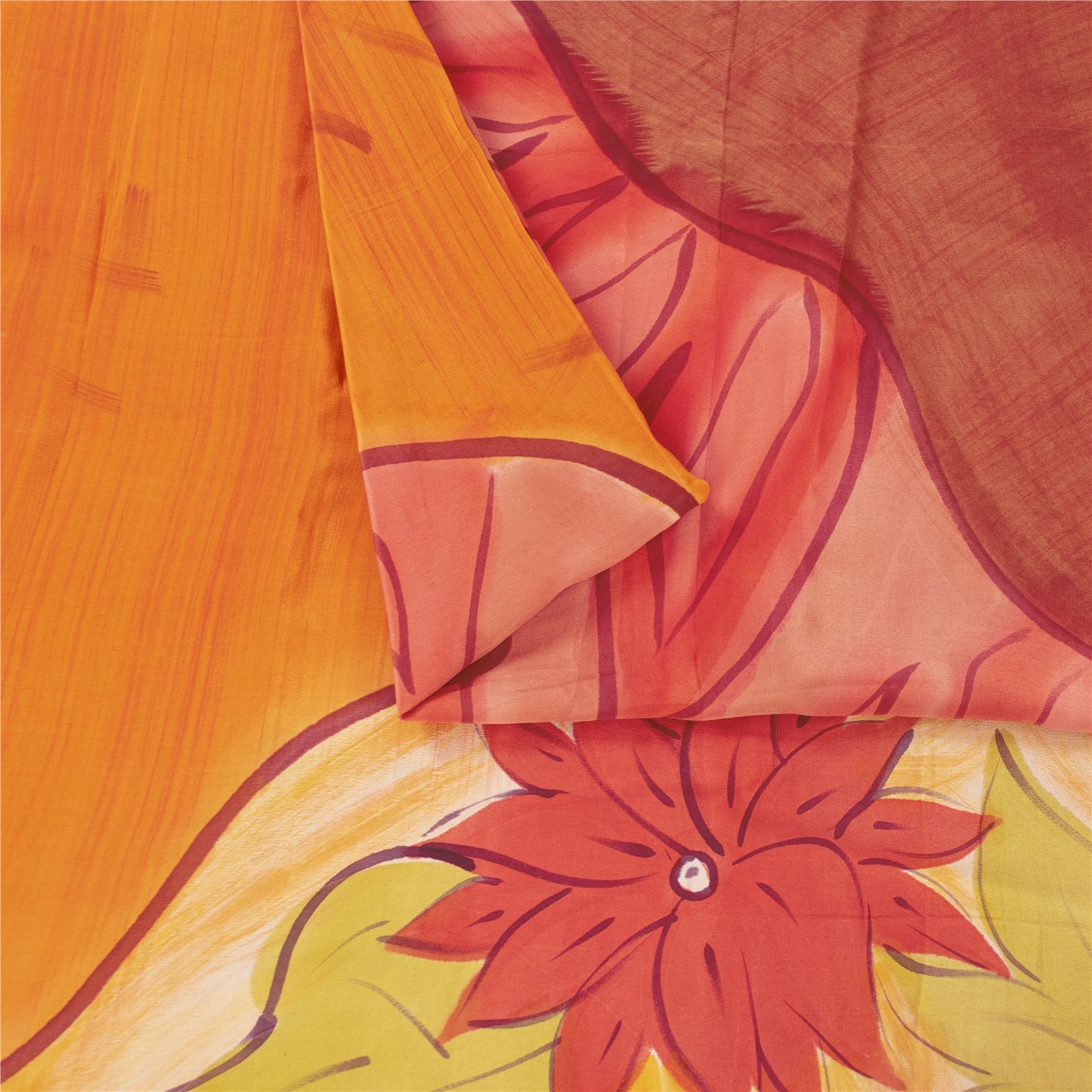 Sanskriti Vintage Sarees Mustard Pure Crepe Silk Printed Sari 5+yd Craft Fabric