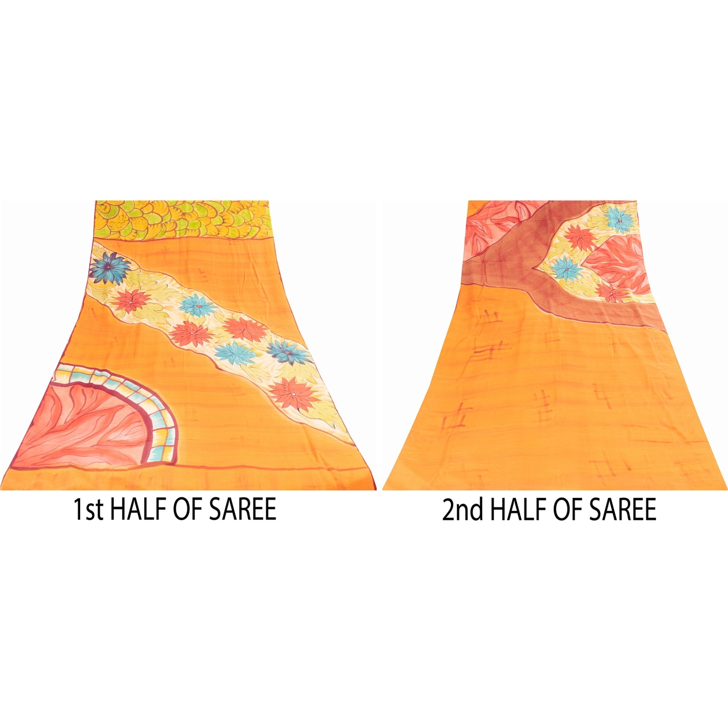 Sanskriti Vintage Sarees Mustard Pure Crepe Silk Printed Sari 5+yd Craft Fabric