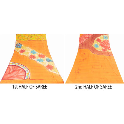 Sanskriti Vintage Sarees Mustard Pure Crepe Silk Printed Sari 5+yd Craft Fabric