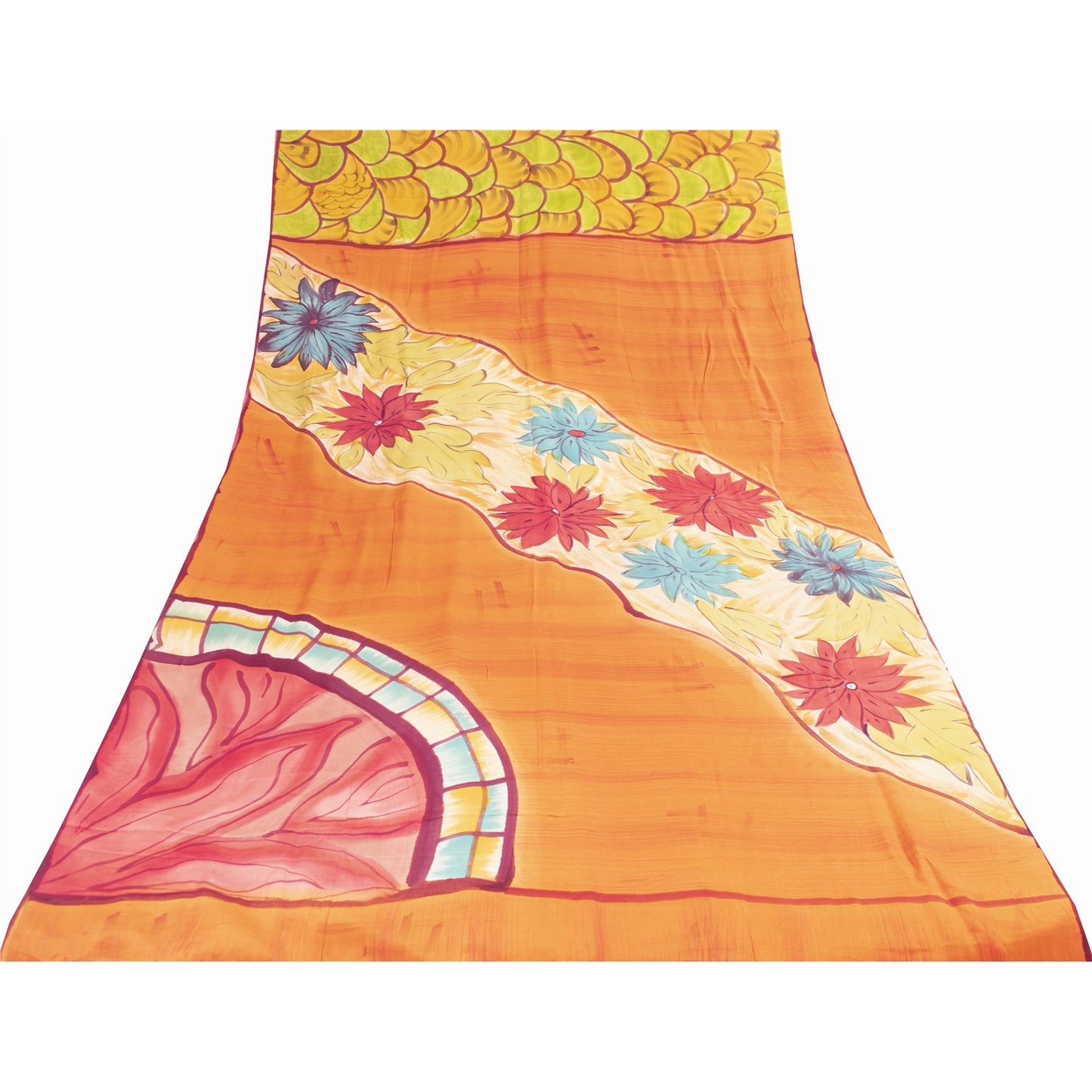 Sanskriti Vintage Sarees Mustard Pure Crepe Silk Printed Sari 5+yd Craft Fabric