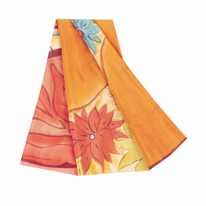 Sanskriti Vintage Sarees Mustard Pure Crepe Silk Printed Sari 5+yd Craft Fabric