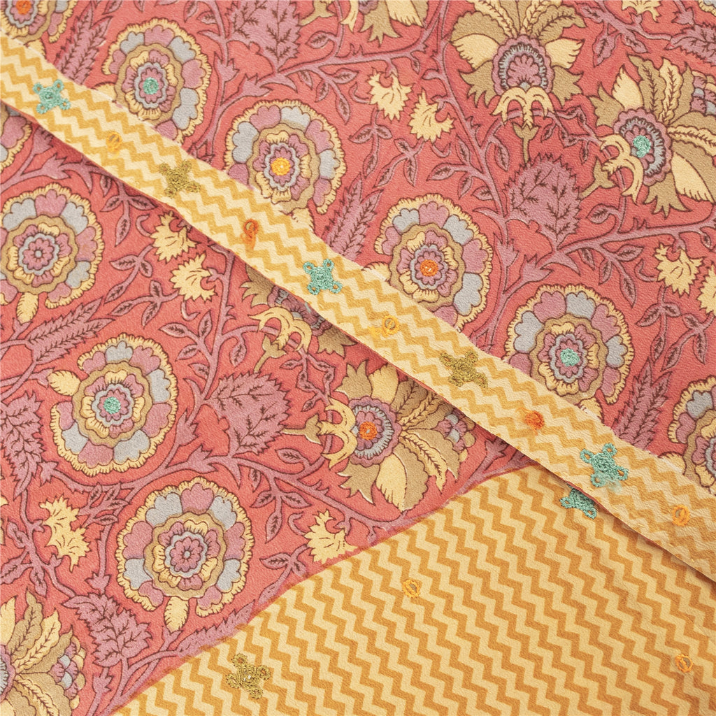 Sanskriti Vintage Sarees Pink Pure Crepe Print Embroidery Sari 5+yd Craft Fabric