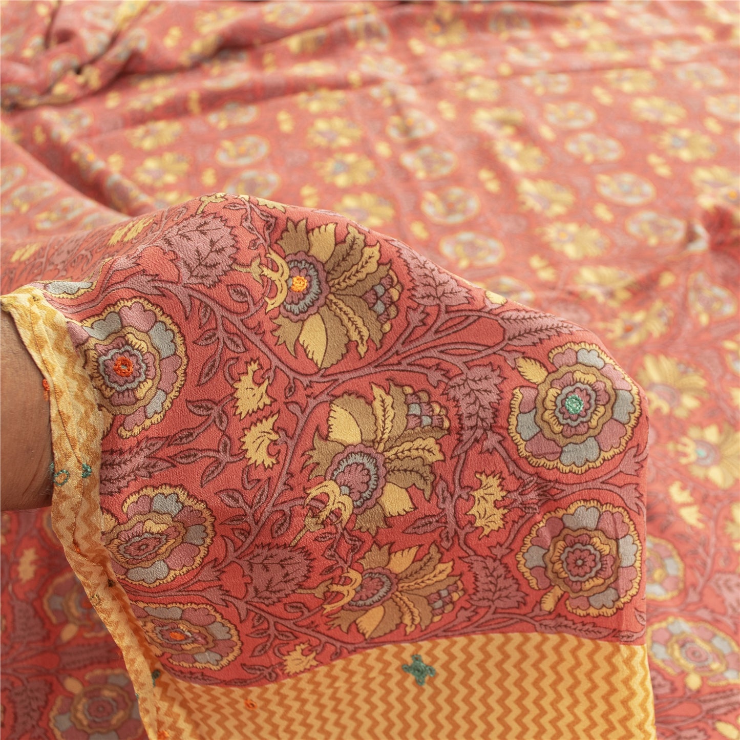 Sanskriti Vintage Sarees Pink Pure Crepe Print Embroidery Sari 5+yd Craft Fabric