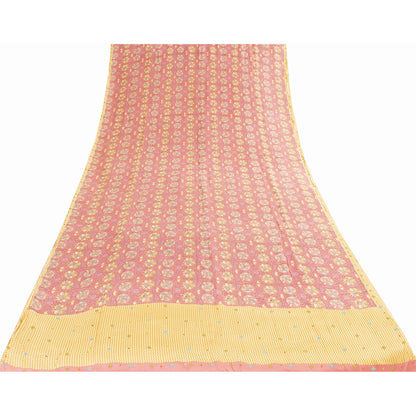 Sanskriti Vintage Sarees Pink Pure Crepe Print Embroidery Sari 5+yd Craft Fabric