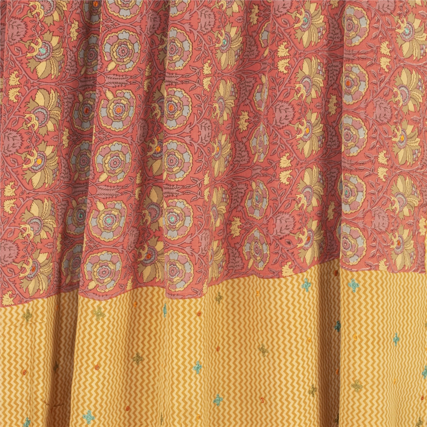 Sanskriti Vintage Sarees Pink Pure Crepe Print Embroidery Sari 5+yd Craft Fabric