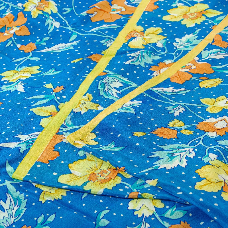 Sanskriti Vintage Sarees Blue Pure Crepe Silk Printed Sari 5+yd Craft Fabric