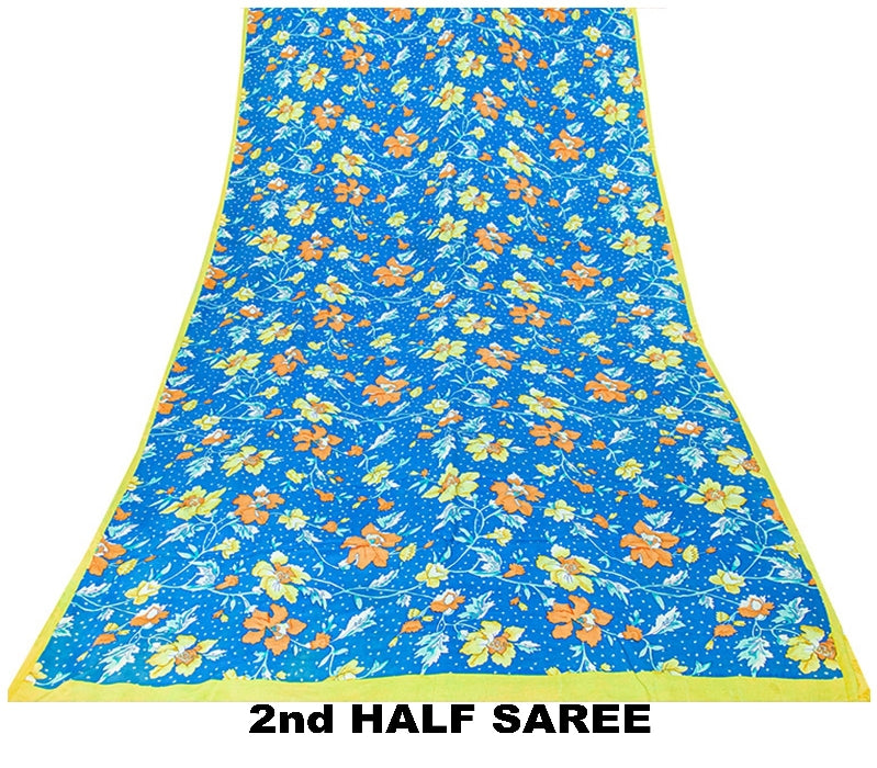 Sanskriti Vintage Sarees Blue Pure Crepe Silk Printed Sari 5+yd Craft Fabric