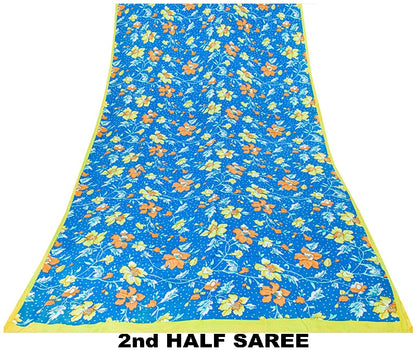 Sanskriti Vintage Sarees Blue Pure Crepe Silk Printed Sari 5+yd Craft Fabric