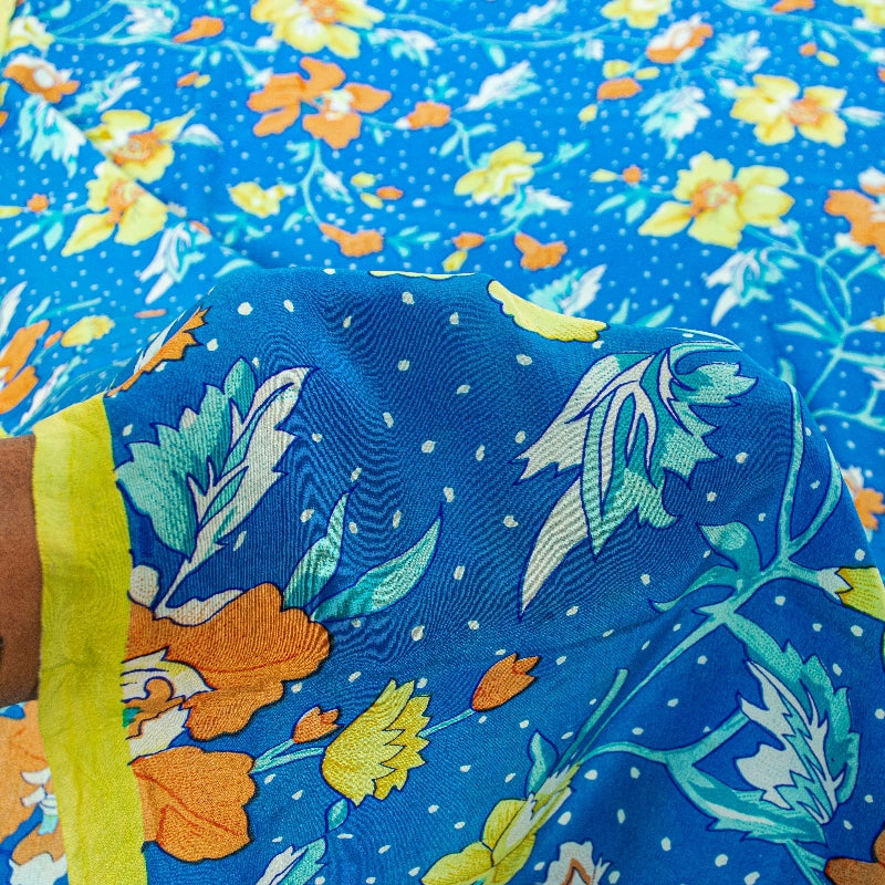 Sanskriti Vintage Sarees Blue Pure Crepe Silk Printed Sari 5+yd Craft Fabric