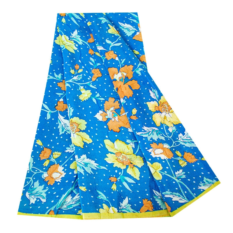 Sanskriti Vintage Sarees Blue Pure Crepe Silk Printed Sari 5+yd Craft Fabric