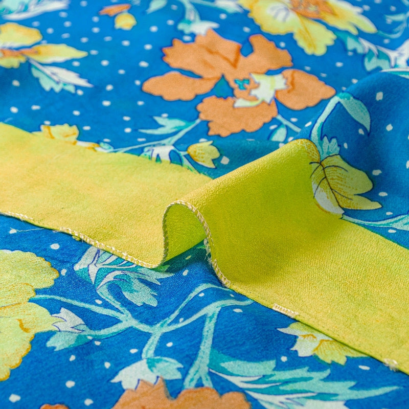 Sanskriti Vintage Sarees Blue Pure Crepe Silk Printed Sari 5+yd Craft Fabric