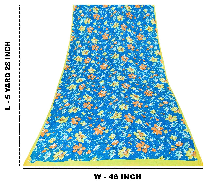 Sanskriti Vintage Sarees Blue Pure Crepe Silk Printed Sari 5+yd Craft Fabric