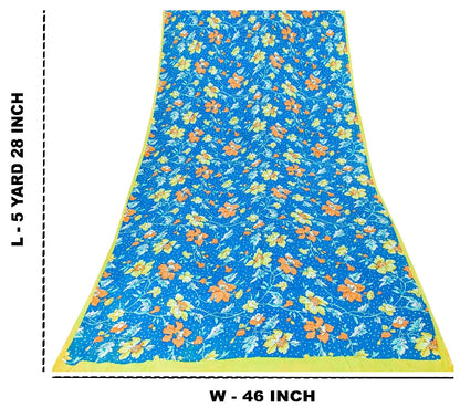 Sanskriti Vintage Sarees Blue Pure Crepe Silk Printed Sari 5+yd Craft Fabric