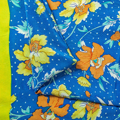 Sanskriti Vintage Sarees Blue Pure Crepe Silk Printed Sari 5+yd Craft Fabric