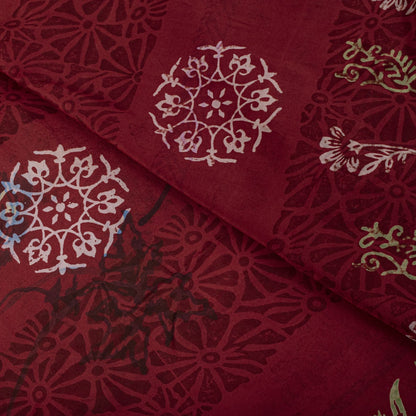 Sanskriti Vintage Saree Dark Red Pure Crepe Floral Printed Sari 5.5+Yard Fabric