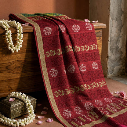 Sanskriti Vintage Saree Dark Red Pure Crepe Floral Printed Sari 5.5+Yard Fabric