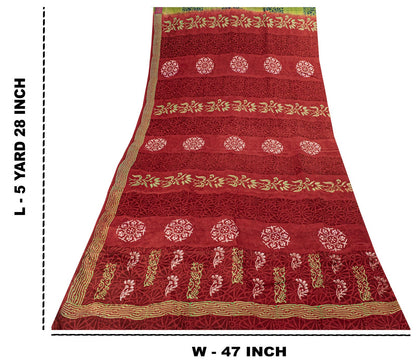 Sanskriti Vintage Saree Dark Red Pure Crepe Floral Printed Sari 5.5+Yard Fabric