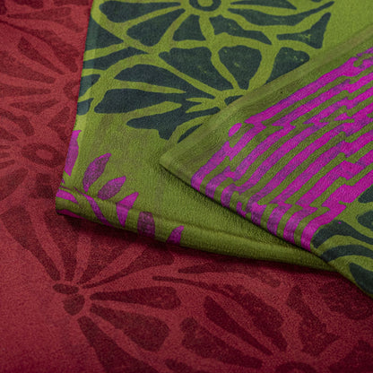 Sanskriti Vintage Saree Dark Red Pure Crepe Floral Printed Sari 5.5+Yard Fabric