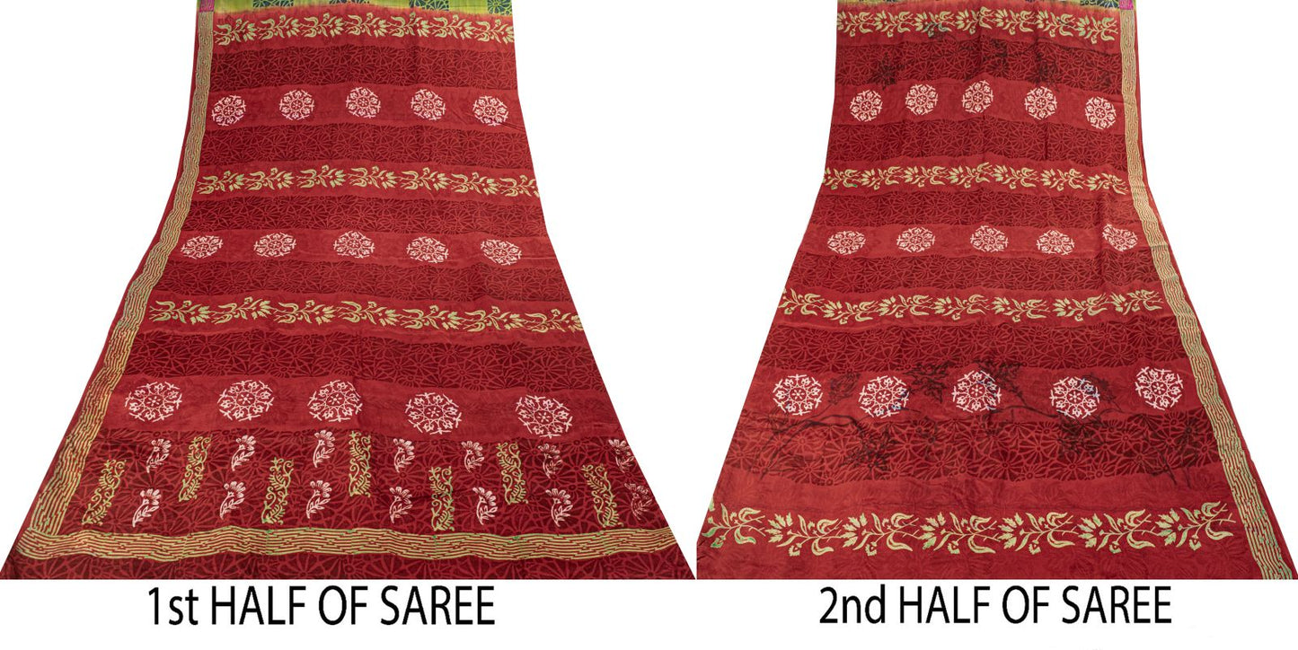 Sanskriti Vintage Saree Dark Red Pure Crepe Floral Printed Sari 5.5+Yard Fabric