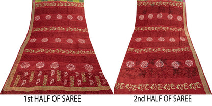 Sanskriti Vintage Saree Dark Red Pure Crepe Floral Printed Sari 5.5+Yard Fabric