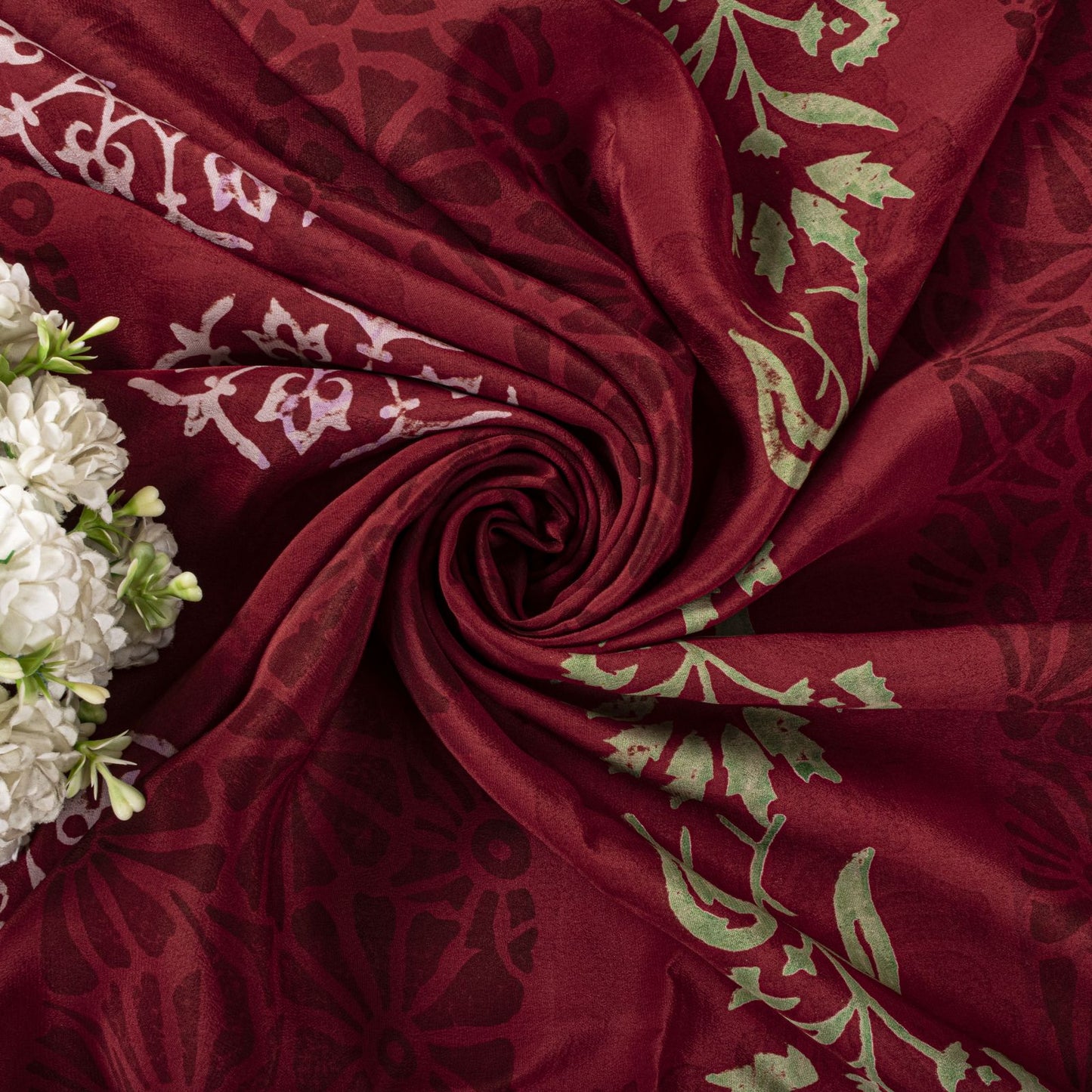 Sanskriti Vintage Saree Dark Red Pure Crepe Floral Printed Sari 5.5+Yard Fabric