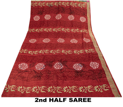 Sanskriti Vintage Saree Dark Red Pure Crepe Floral Printed Sari 5.5+Yard Fabric