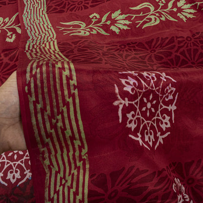 Sanskriti Vintage Saree Dark Red Pure Crepe Floral Printed Sari 5.5+Yard Fabric