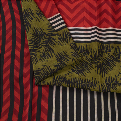 Sanskriti Vintage Sarees Green Pure Crepe Silk Printed Sari 6+yd Craft Fabric