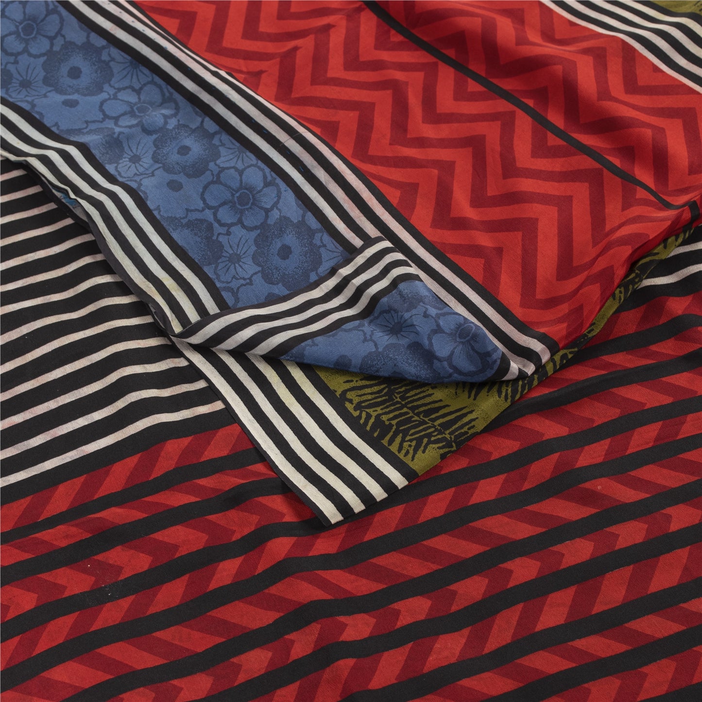 Sanskriti Vintage Sarees Green Pure Crepe Silk Printed Sari 6+yd Craft Fabric