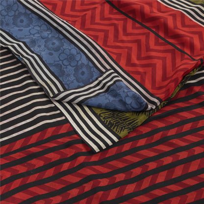 Sanskriti Vintage Sarees Green Pure Crepe Silk Printed Sari 6+yd Craft Fabric