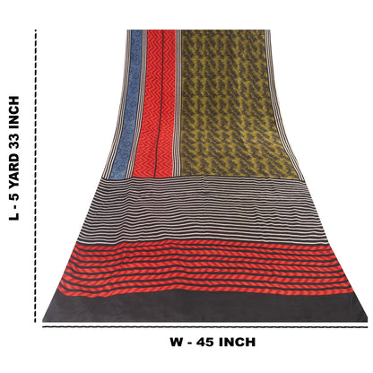 Sanskriti Vintage Sarees Green Pure Crepe Silk Printed Sari 6+yd Craft Fabric