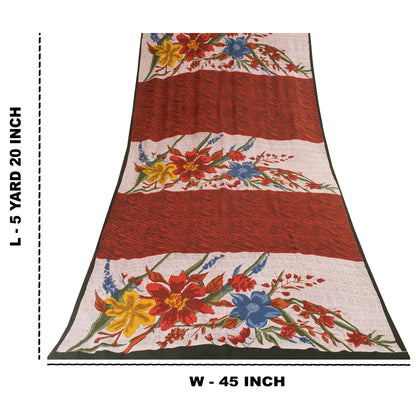 Sanskriti Vintage Sarees Ivory & Orange Pure Crepe Print Sari 5+yd Craft Fabric