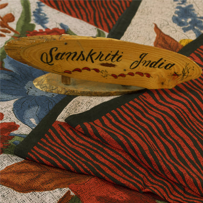 Sanskriti Vintage Sarees Ivory & Orange Pure Crepe Print Sari 5+yd Craft Fabric