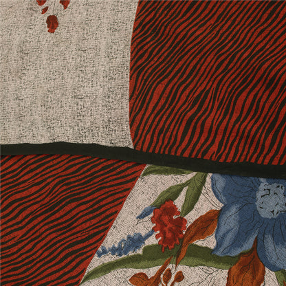 Sanskriti Vintage Sarees Ivory & Orange Pure Crepe Print Sari 5+yd Craft Fabric