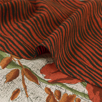 Sanskriti Vintage Sarees Ivory & Orange Pure Crepe Print Sari 5+yd Craft Fabric