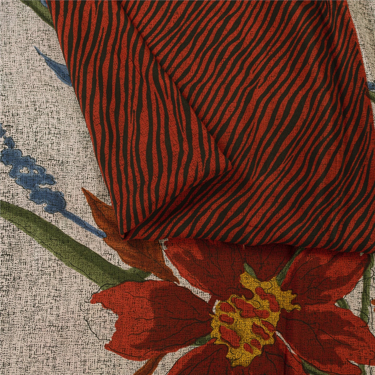 Sanskriti Vintage Sarees Ivory & Orange Pure Crepe Print Sari 5+yd Craft Fabric