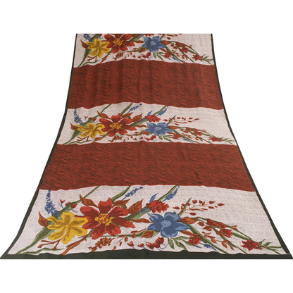 Sanskriti Vintage Sarees Ivory & Orange Pure Crepe Print Sari 5+yd Craft Fabric