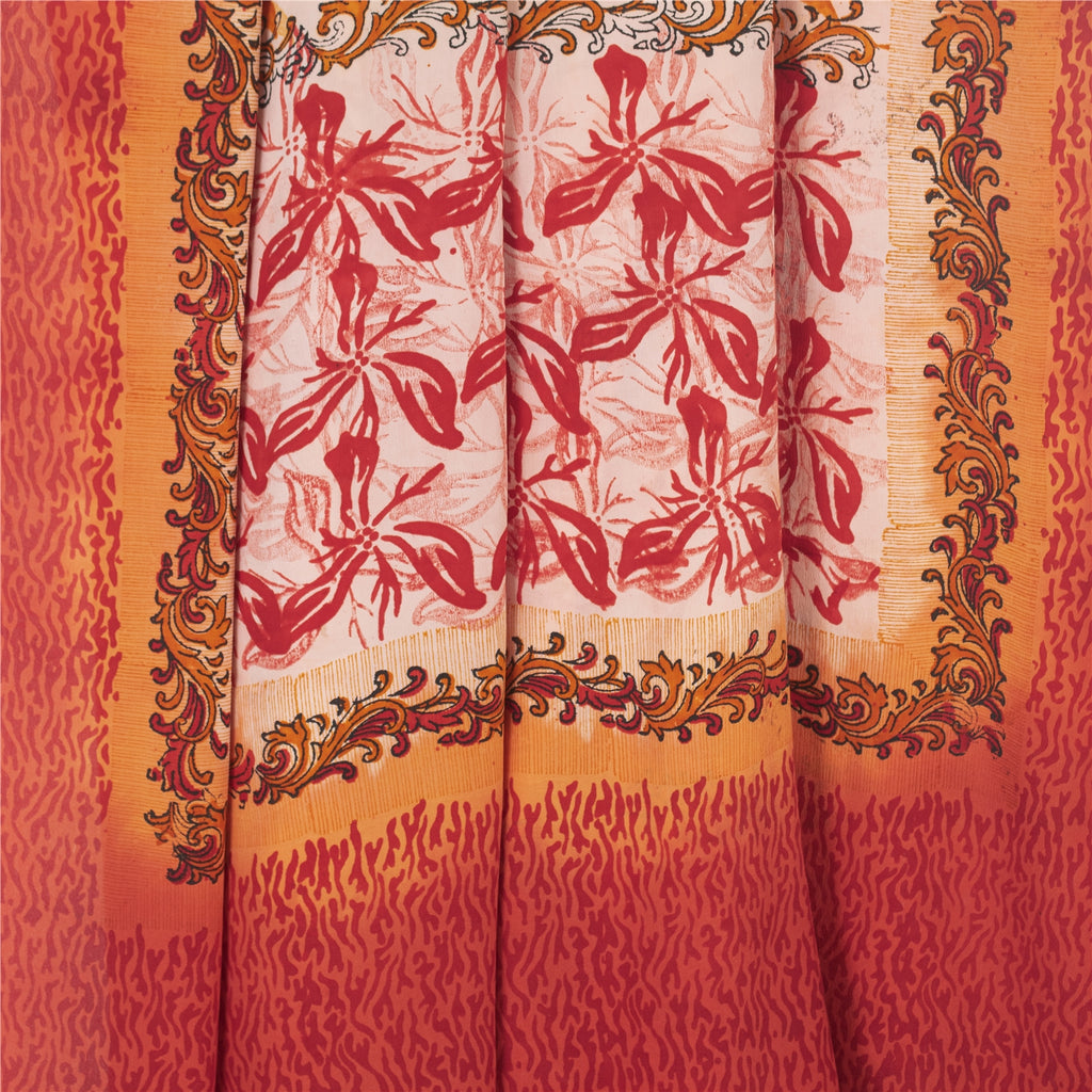 Sanskriti Vintage Sarees Ivory Pure Crepe Silk Printed Sari 5+yd Craft Fabric