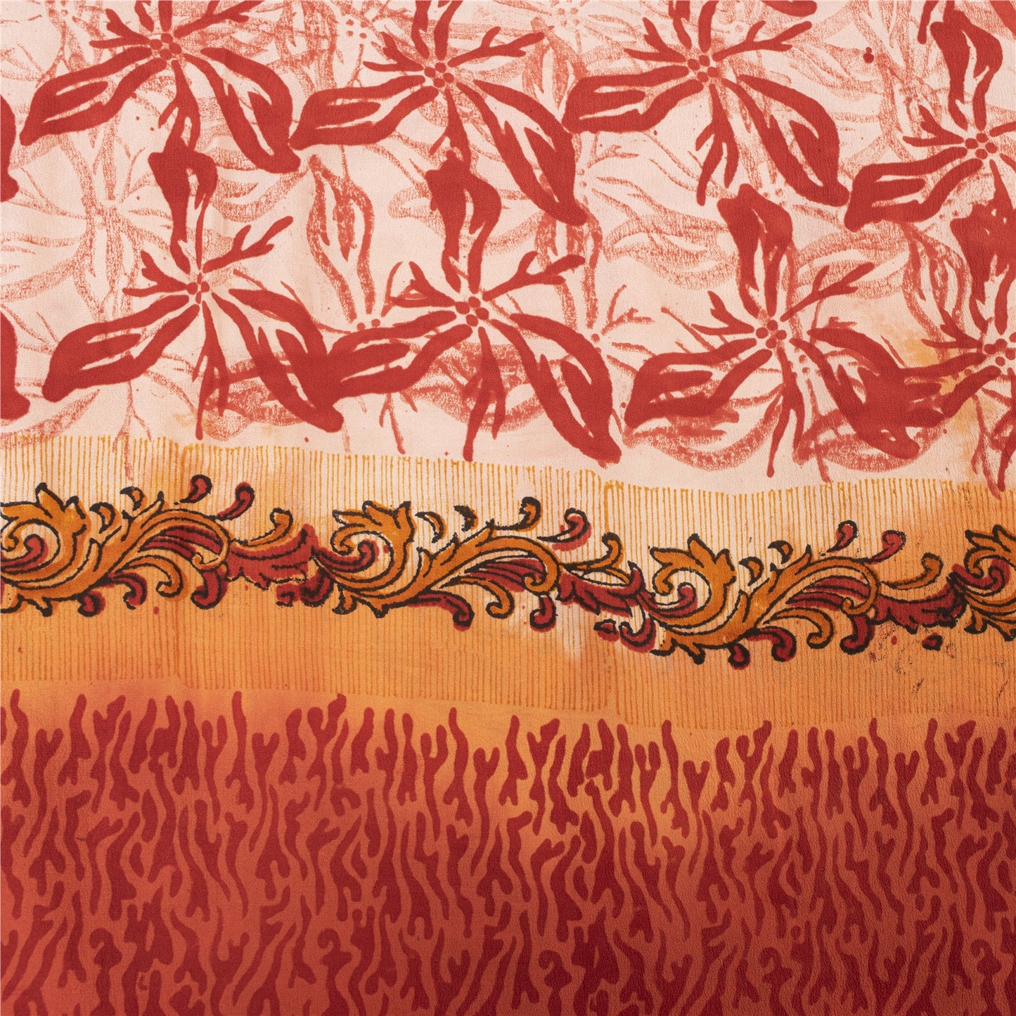 Sanskriti Vintage Sarees Ivory Pure Crepe Silk Printed Sari 5+yd Craft Fabric