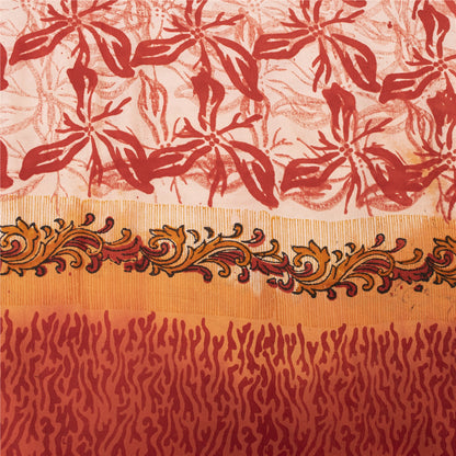 Sanskriti Vintage Sarees Ivory Pure Crepe Silk Printed Sari 5+yd Craft Fabric