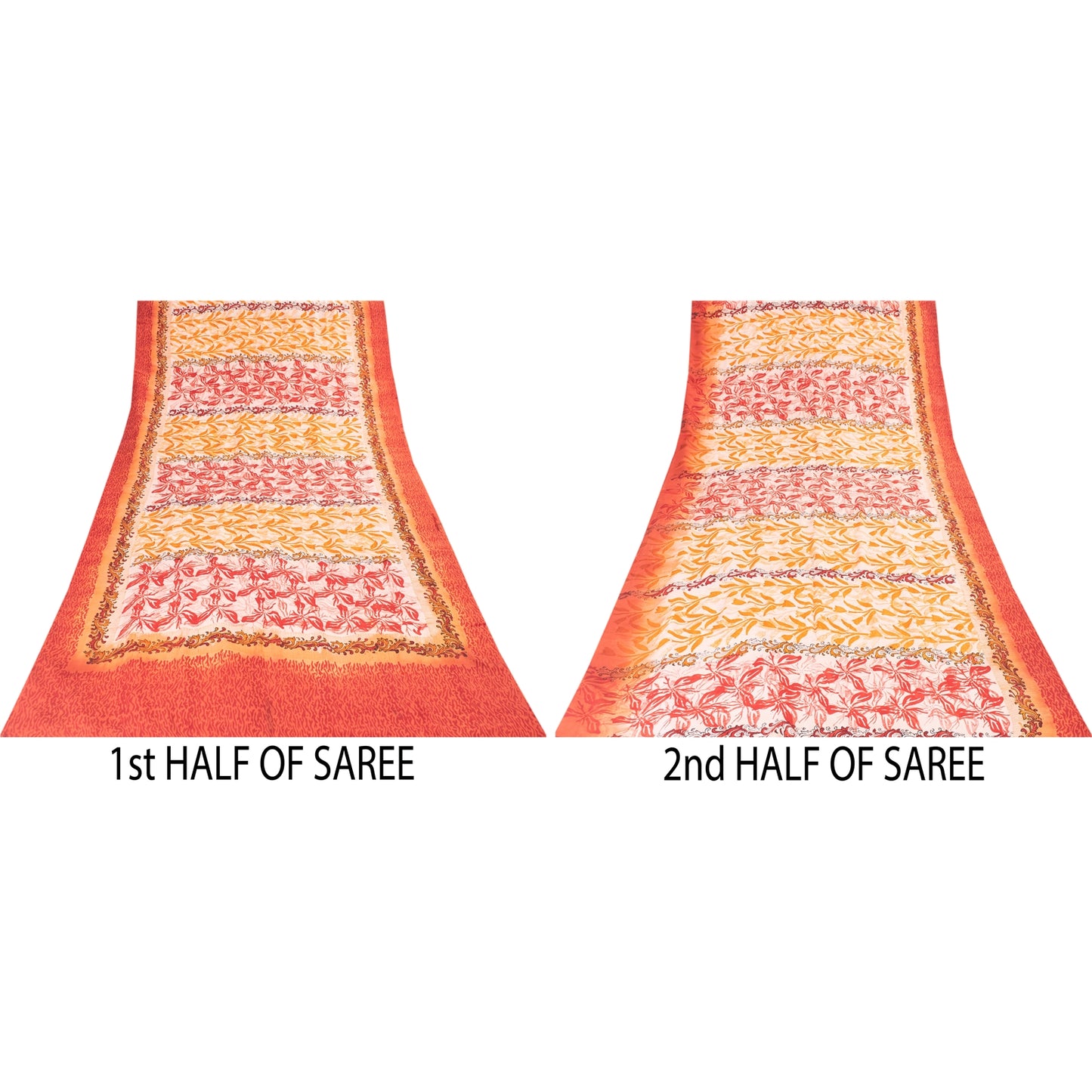 Sanskriti Vintage Sarees Ivory Pure Crepe Silk Printed Sari 5+yd Craft Fabric