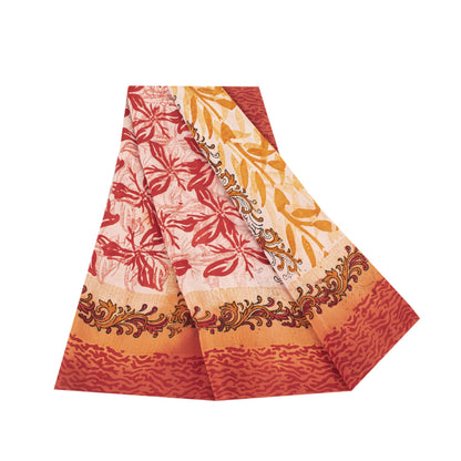 Sanskriti Vintage Sarees Ivory Pure Crepe Silk Printed Sari 5+yd Craft Fabric